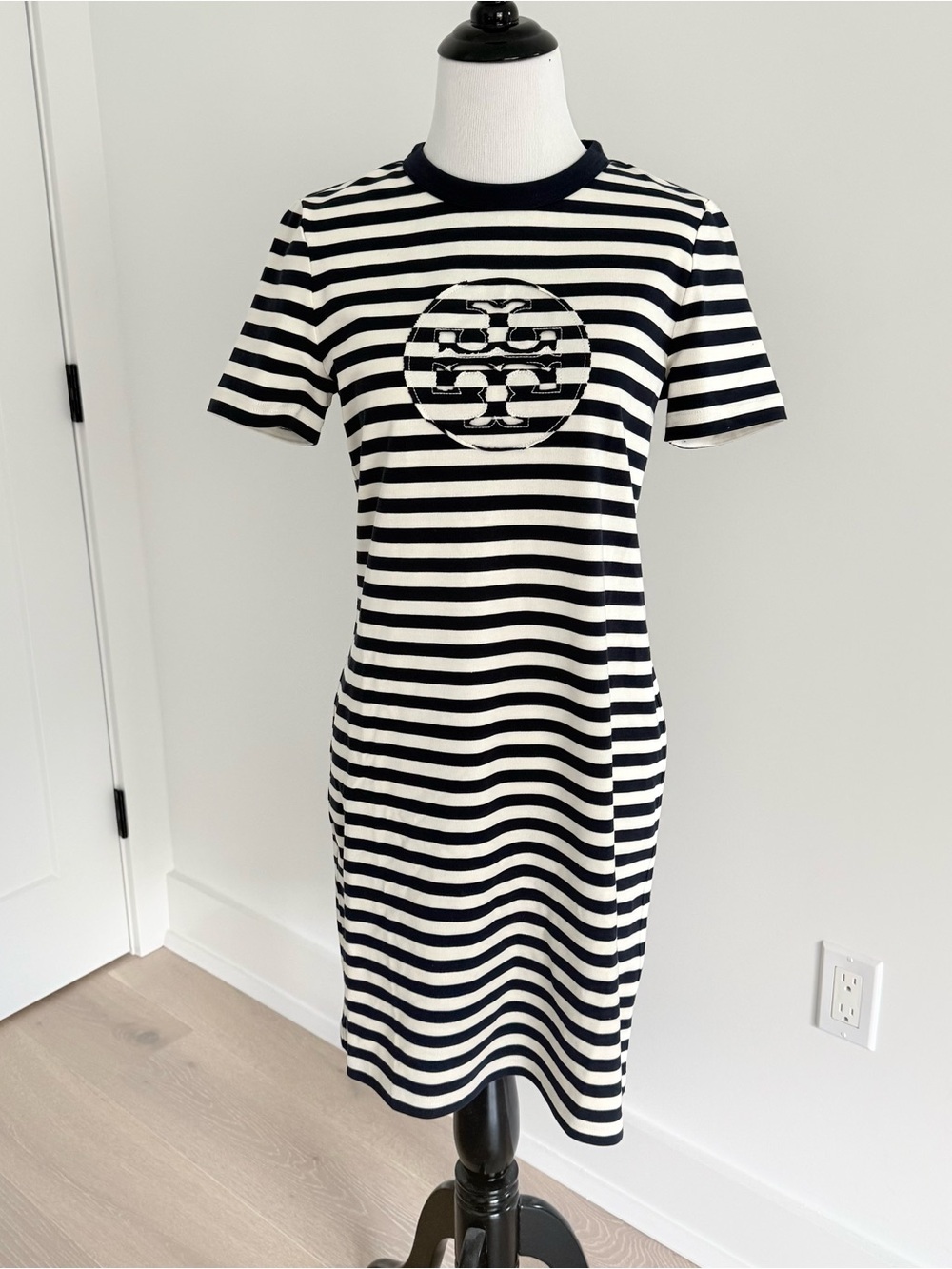New! Tory Burch Navy and White Striped Logo T-Shirt Dress - Size XS